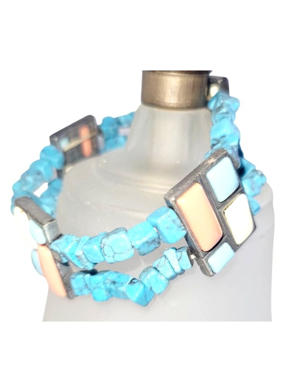 Vintage Boho Southwestern White Blue Turquoise Chips Beaded Stretch Bracelet - Picture 2 of 7